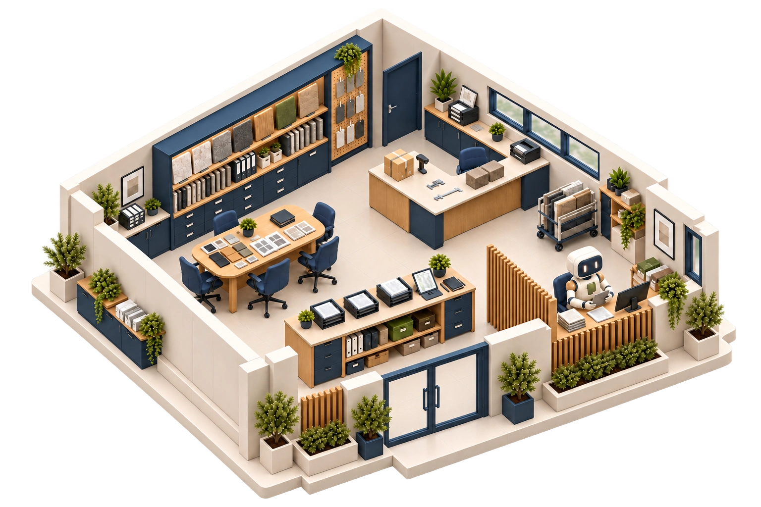 The purchasing workspace in the Cobalt business campus, with documents and incoming stock.