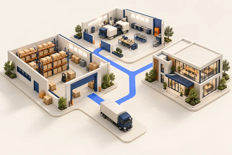 A connected warehouse, factory, office and delivery vehicle.